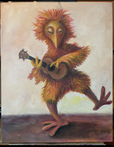 Chicken-Man with Ukulele - oil painting, by Bob Fappiano